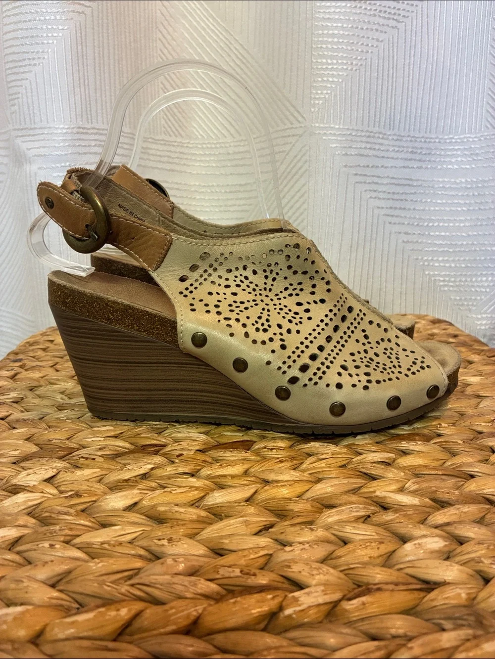 PIKOLINOS Tan Perforated Leather Wedge Sandals
